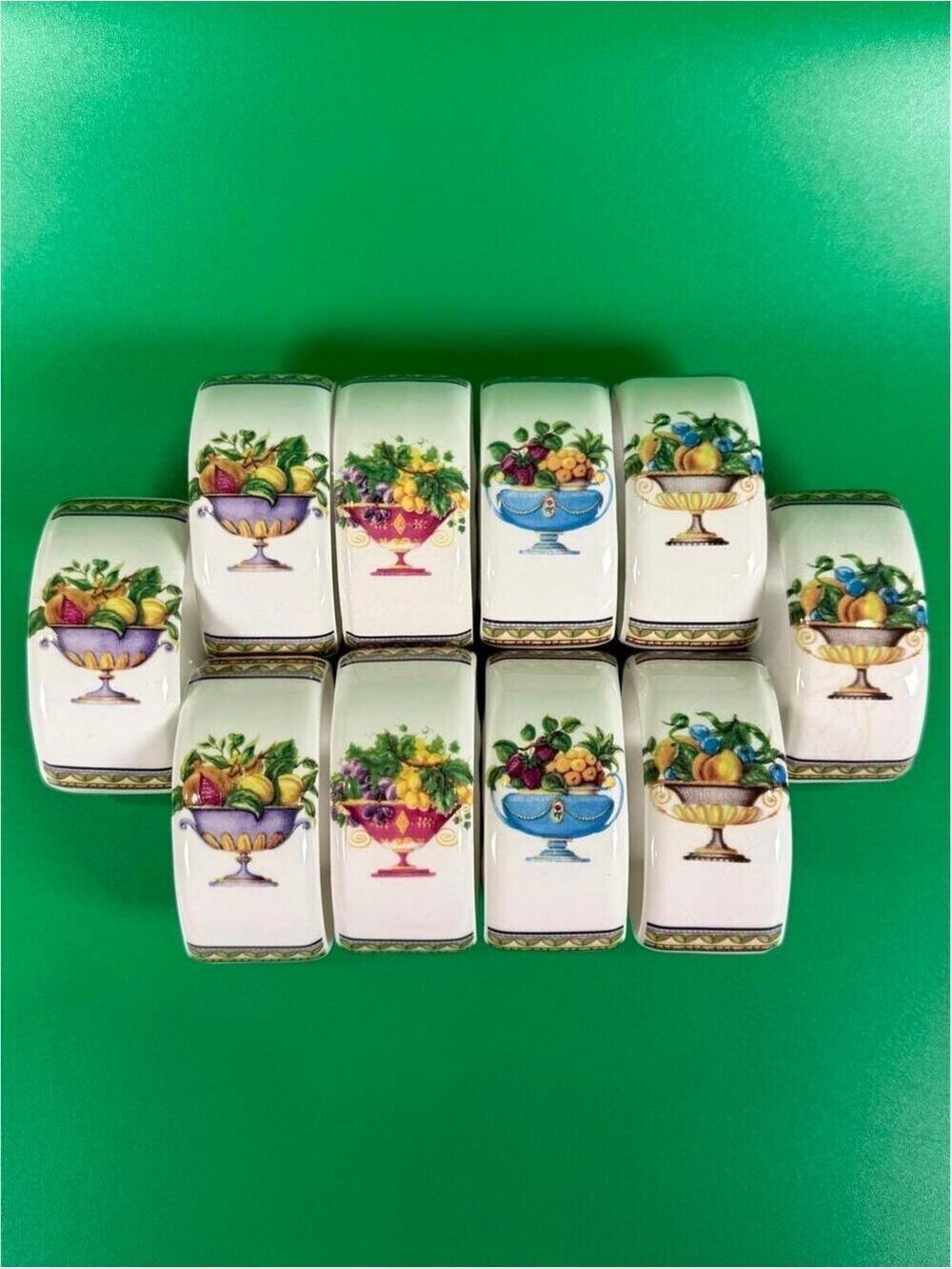 Set of 10 Vintage Casa Elite Porcelain Napkin Rings Fruit Neoclassical Tableware